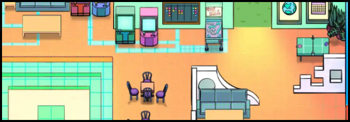 Colorful cartoon-style room with arcade machines, tables, a pinball machine, and a couch. Bright and playful design, suggesting a fun atmosphere.